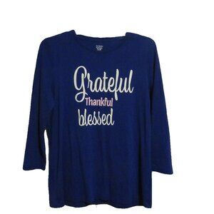 Kim‎ Rogers Blue 3/4 Sleeve T-Shirt Grateful Thankful Blessed